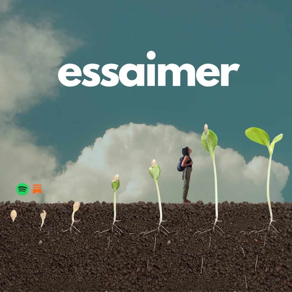 Bannière du projet Essaimer - jeunes pousses, silhouette de randonneuse, logos Spotify et Substack